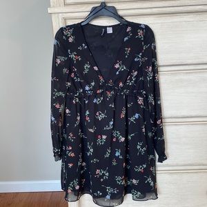 Black floral long sleeve babydoll dress